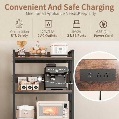 Adjustable 4-Tier Heavy Duty Kitchen Baker's Rack with Power Outlet, with Industrial Wheels, Free Standing Microwave Oven Cart Stand for Storage in Living Room, Garage, Rustic Brown