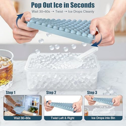 Mini Ice Cube Trays for Freezer with Lid, 0.55" Pebble Ice | 2 Trays-Blue, with Ice Box & Scoop. for Iced Coffee, Bottles, Juice & Everyday Drinks, Easy Twist Release, Stackable