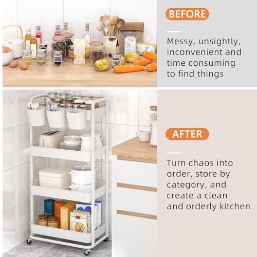 4-Tier Plastic Rolling Storage Cart Utility Cart White | Utility Cart with Extra Hanging Cups Arc-Shaped Handles Lockable Wheels for Living Room Bathroom Kitchen Office