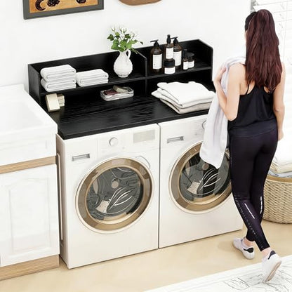 Wooden Washer Dryer Countertop Shelf, Laundry Countertop,54.7"X 28.3"Black | Washer And Dryer Countertop Adjustable Shelf,Washing Machine Topper 3-In-1 Folding Sorting & Ironing,Space Saving Laundry