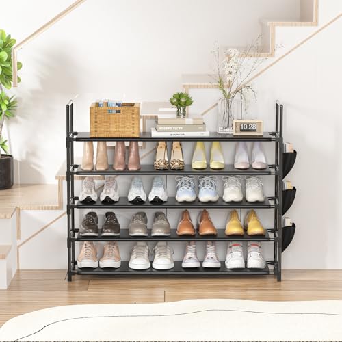 Shoe Rack 5 Tier 20-25 Storage Capacity Shoes Organizer | Closet, Entryway, Garage, Door Entrance, Space Saving Shoes Holder Stand, Sturdy Metal Free Standing Boot Shelf Tower Black