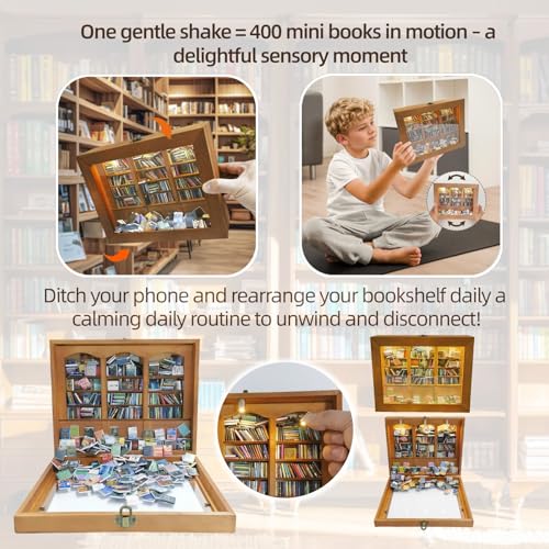 Anxiety Bookshelf with 6 Decorative Mini Lights and 400 Mini Book Pieces, Miniature Bookshelf, Book Organizer for Office Desk, Library Decor for Tiny Home and Bookish Spaces, 10.2 x 9.1 x 3.1 in