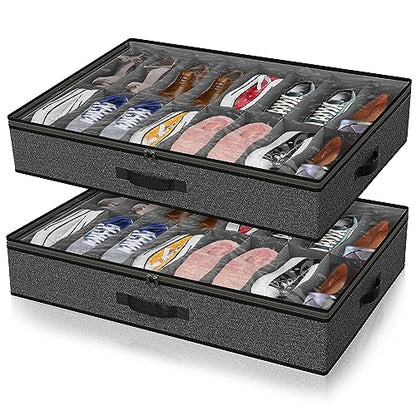 Under Bed Shoe Storage Organizer for Closet, 32 Pairs Sturdy Underbed Shoe Storage Boxes Bins Container Foldable Shoes Storage with Reinforced Handles & Clear Window for College Dorms Grey, Set of 2