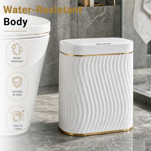 Bathroom Small Trash Can with Automatic Touchless Lid, 2.6 Gallon Smart Garbage Can Narrow Waterproof Trash Bin for Bedroom, Office, Living Room