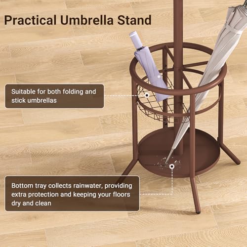 Coat Rack Freestanding, Metal Coat Rack with Umbrella Holder | 12 Hooks, Round Base, Heavy Duty Floor Standing Coat Tree for Entryway, Hallway, Living Room, Bedroom, Office, Brown