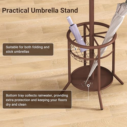 Coat Rack Freestanding, Metal Coat Rack with Umbrella Holder | 12 Hooks, Round Base, Heavy Duty Floor Standing Coat Tree for Entryway, Hallway, Living Room, Bedroom, Office, Brown