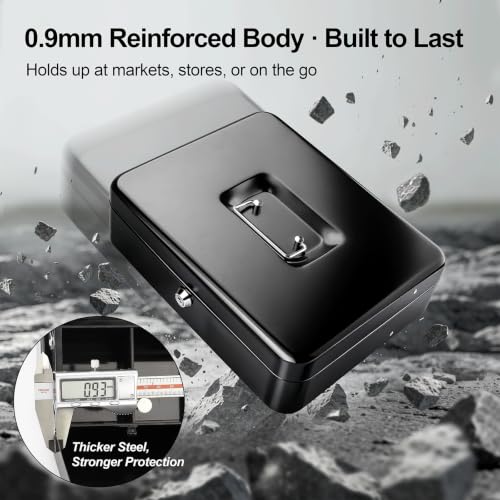 Jssmst Cash Box with Key Lock - 0.9mm Thick Metal Money Box for Garage Sales, Yard Sales and Petty Cash, Portable Cash Drawer with Coin Tray & Spill-Proof Foam Coin Cover, 4 No-Pinch Bill Clips,11.8''