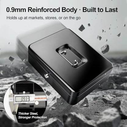 Jssmst Cash Box with Key Lock - 0.9mm Thick Metal Money Box for Garage Sales, Yard Sales and Petty Cash, Portable Cash Drawer with Coin Tray & Spill-Proof Foam Coin Cover, 4 No-Pinch Bill Clips,11.8''