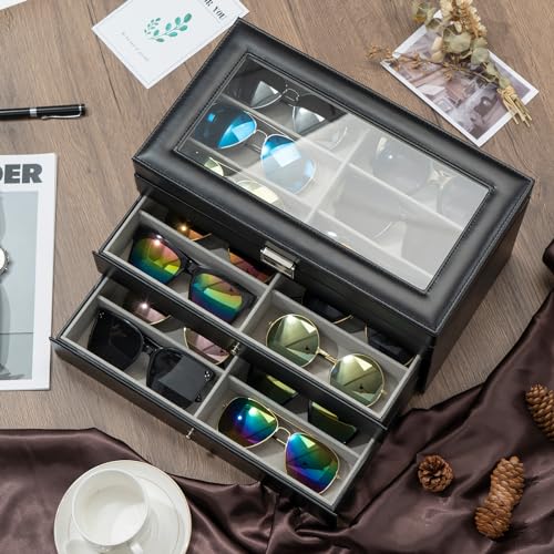 ProCase 3-Layer Sunglasses Storage Organizer -Black | 18-Slot Leather Sunglass Box Case, Holds Eyeglasses, Sunglasses & Eyewear, Great Valentine's Gift for Men & Women