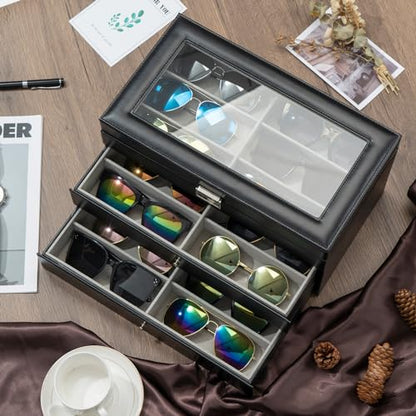 ProCase 3-Layer Sunglasses Storage Organizer -Black | 18-Slot Leather Sunglass Box Case, Holds Eyeglasses, Sunglasses & Eyewear, Great Valentine's Gift for Men & Women