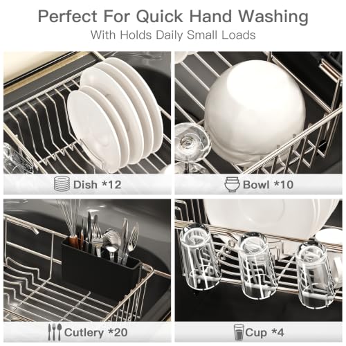 Dish Drying Rack Over The Sink with Adjustable Utensil Holder | Expandable Stainless Steel Dish Drainer for Small Kitchen, Apartment, RV, Counter Space Saving, Perfect Fit, Rustproof