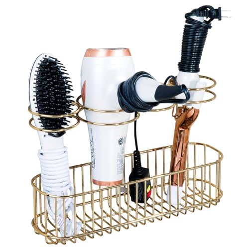 mDesign Hair Dryer Caddy – Wall Mounted Storage Rack with 4 Compartments – Hair Tool Organiser for Dryers, Curling Wands, Straighteners – Brass