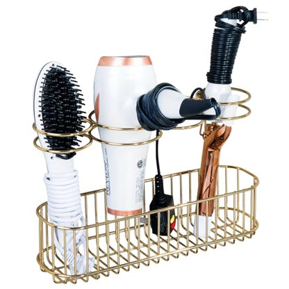 mDesign Hair Dryer Caddy – Wall Mounted Storage Rack with 4 Compartments – Hair Tool Organiser for Dryers, Curling Wands, Straighteners – Brass