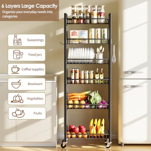 6 Tier Slim Storage Cart, Narrow Rolling Cart with Wheels, 10in(W) | Narrow Mobile Utility Shelf Unit Organizer for Kitchen, Bathroom, Laundry Room, Living Room, Small Places, Black