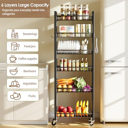 6 Tier Slim Storage Cart, Narrow Rolling Cart with Wheels, 10in(W) | Narrow Mobile Utility Shelf Unit Organizer for Kitchen, Bathroom, Laundry Room, Living Room, Small Places, Black