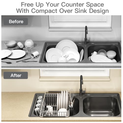 Dish Drying Rack Over The Sink with Adjustable Utensil Holder | Expandable Stainless Steel Dish Drainer for Small Kitchen, Apartment, RV, Counter Space Saving, Perfect Fit, Rustproof