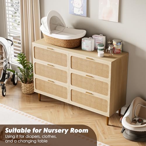 GarveeHome Rattan 6 Drawer Dressers for Bedroom, Deep Drawer, Natural | Tall Dresser, Wide Top, for Living Room, Hallway, Kids Room, Large Chest of Drawers for Closet, Long Wooden Dresser