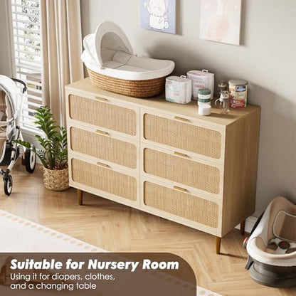 GarveeHome Rattan 6 Drawer Dressers for Bedroom, Deep Drawer, Natural | Tall Dresser, Wide Top, for Living Room, Hallway, Kids Room, Large Chest of Drawers for Closet, Long Wooden Dresser