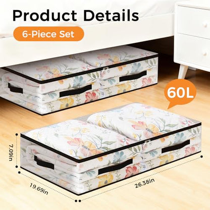 6 Pack Under Bed Storage Bags, 60L Foldable Clear Containers with Handles | Dual Zipper Storage Bins for Comforters, Bedding, Blankets, Closet Organizer for Clothes, Linen Sheets, Sweaters