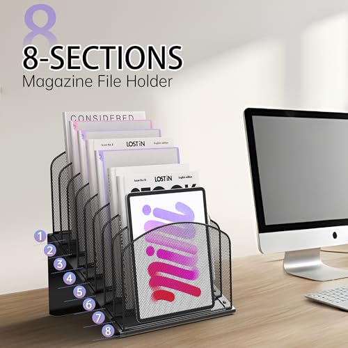 Inclined Desk File Organizer Folder Holder with 8-Section, Black | 8-Section Vertical Compartment, Sturdy Metal Mesh, File Organizer for Home, School