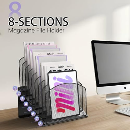 Inclined Desk File Organizer Folder Holder with 8-Section, Black | 8-Section Vertical Compartment, Sturdy Metal Mesh, File Organizer for Home, School