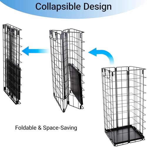 Umbrella Stand, Umbrella Holder for Entryway, Large Metal Foldable Umbrella Rack Organizer Freestanding, with Water Tray and Hooks, Rectangular Hollow Rack 9.5 x 9.5 x 19.7 Inches (Black)
