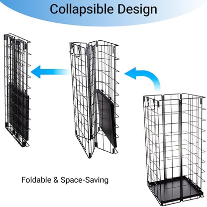 Umbrella Stand, Umbrella Holder for Entryway, Large Metal Foldable Umbrella Rack Organizer Freestanding, with Water Tray and Hooks, Rectangular Hollow Rack 9.5 x 9.5 x 19.7 Inches (Black)