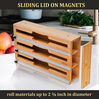 9 in 1 Bamboo Drawer Organizer for Kitchen — Zip Top Bag, Foil and Plastic Wrap Storage with Chalkboard Labels, Fits Gallon Quart Sandwich Snack Bags, Pantry Organization