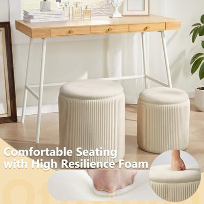 Round Ottoman with Storage Set of 2, Storage Vanity Stool | Velvet Upholstered Round Storage Ottoman, Ottoman Coffee Table, Small Foot Stool for Living Room & Bedroom, Beige