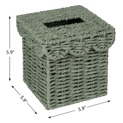 CubesLand Square Wicker Tissue Box Cover W/Scalloped Lid for Home Decor | Handwoven Facial Tissues Boxes Fits Living Room Table Decor, Rustic Farmhouse Boho Bathroom Decorative, Green