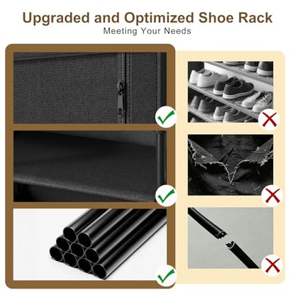 9 Tier Shoe Rack with Cover, Cabinet for 55 Pairs, Black | Large family capacity for boots/heels/sneakers. Reinforced stability. Slim footprint, corner-friendly. Quick no-tool setup.