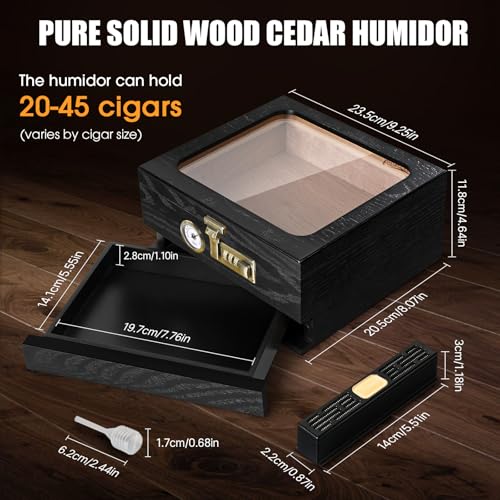 Tesonway Cigar Humidor, Cedar Wood Humidor Cigar Box, Glass Top Desktop Humidor with Front Hygrometer, Humidifier, Divider, Accessories Drawer and Combination Lock, Cigar Gifts for Men (Black)