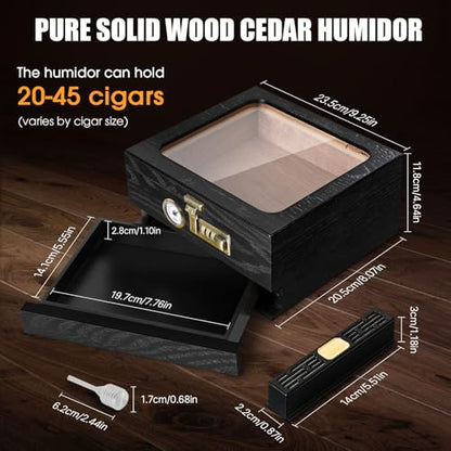 Tesonway Cigar Humidor, Cedar Wood Humidor Cigar Box, Glass Top Desktop Humidor with Front Hygrometer, Humidifier, Divider, Accessories Drawer and Combination Lock, Cigar Gifts for Men (Black)
