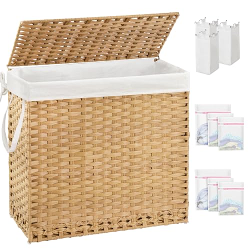 SETVSON Laundry Hamper with Lid Laundry Basket 132 L PE Rattan Natural | Decorative PE Rattan Furniture Look for Bedroom, Large Sorting Hamper with Lid, 4 Liners, 6 Mesh Bags, Steel Frame