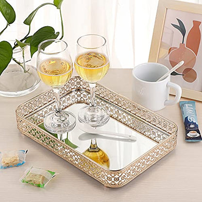 ELLDOO Gold Mirror Glass Perfume & Makeup Vanity Tray, Medium Size | Hollow-Carved Jewelry Storage, Metal Trinket Organizer for Dresser Bathroom Countertop Home Decor
