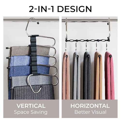 Pants Hangers Space Saving - 2 Pack - Non-Slip Multi-Layer Space Saving Hangers - Multifunctional Clothing Rack for Closet Storage - Ideal for Jeans, Trousers, Skirts, Scarves & Slacks (Black)