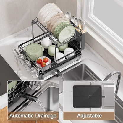 2-Tier Dish Drying Rack, Large Dish Drainers for Kitchen Counter | Anti-Rust Dish Rack with Drainboard, Utensil Holder, Extra Cup Holder, Black