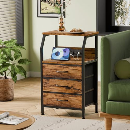 Night Stand with Charging Station, 3 Fabric Drawers Bedside Table | Rustic Brown Dorm Nightstand For Bedroom, 28.3 Inch Tall, Usb Ports & Outlets, Side Table with Storage Shelf, 3 Ways to Use