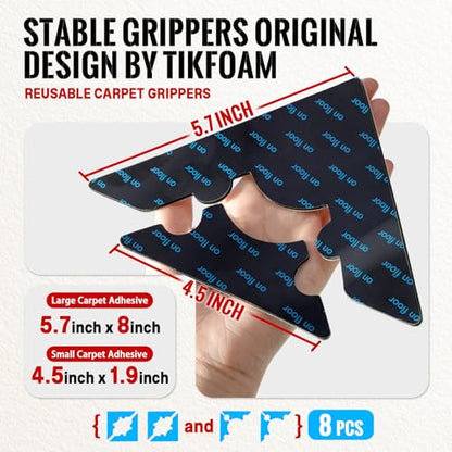 Rug Non Slip Grippers, Reusable Rug Tape, No Damaging for Floor, Carpet Corner Stickers for Hardwood Floors and Tiles, Strong Hold Carpet Gripper for Area Rugs, 8Pcs