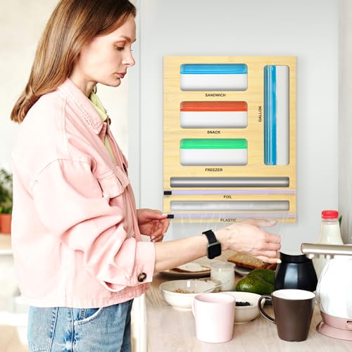 Magnetic Food Bag Storage Organizer for Drawer or Refrigerator | Ziplock Bag Organizer, Compatible with Gallon,Quart, Sandwich, Snack & Variety Size Bags, Bamboo, 12.7"W x 16.6"H x 4"D