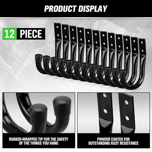 Heavy Duty Garage Storage Hooks, 12-piece Bike Hooks for Garage Wall, Utility Garage Hooks, Wall Mount J Hook for Hanging, Large Metal Storage Organizer Tool, Extension Cord Hanger