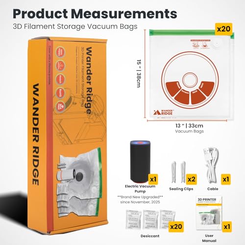 20 PCS 3D Printer Filament Storage Bags Vacuum Storage Bags Kit 3D Printer Accessories with 20 Storage Bags (13x15 inches), 20 Desiccants, Auto Pump, 2 Sealing Clips, Dust Proof, Humidity Resistant