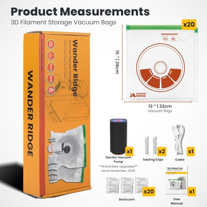 20 PCS 3D Printer Filament Storage Bags Vacuum Storage Bags Kit 3D Printer Accessories with 20 Storage Bags (13x15 inches), 20 Desiccants, Auto Pump, 2 Sealing Clips, Dust Proof, Humidity Resistant