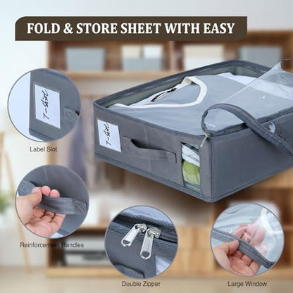 3 Pack Bed Sheet Organizers and Storage, Sheet Storage Foldable Sheet Organizer with Clear PVC, Linen Closet Organizer for Bed Sheets, Duvet Covers, Blankets, Pillowcases, Clothes