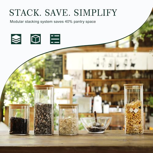 LIBWYS 12-Pack Square Glass Storage Jars with Bamboo Lids (0.6Qt/1.06Qt) - Stackable Food Containers for Pantry Organization, Coffee, Flour, Snacks, Tea | Kitchen Canisters Set