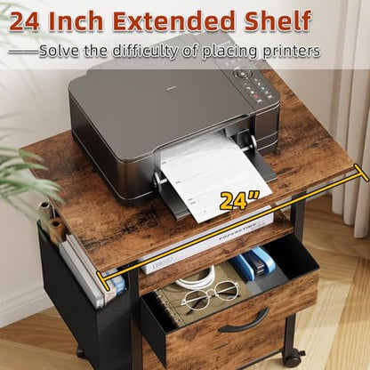 GYIIYUO 2 Drawer File Cabinet 24''W, Mobile Filing Cabinet, Printer Stand | 24'' Extended Desktop, Rolling, Side Bag, Fits A4/Letter Size, Home Office, Fabric Drawer, Light Brown