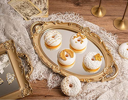 Sooyee Decorative Gold Mirror Tray with Handle 14" x 9.8" | Vintage Tray for Bathroom Vanity, Dessert & Coffee Table, Jewelry, Perfume, Makeup Organizer Display Tray,Home Decor