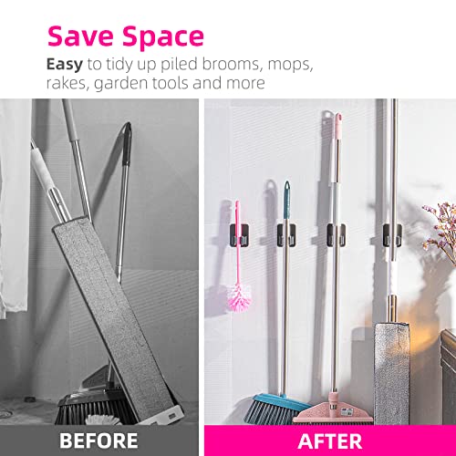8 Pack Broom Holder Wall Mount, Improved Super Anti-Slip Mop and Broom Holder Wall Mount, Broom Hanger Gripper for Kitchen, Bathroom, Closet, Garden Garage, Black