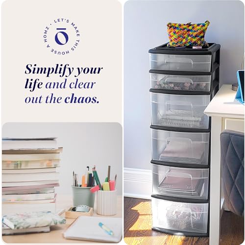 HOMZ Drawer Tower, 6-Tier Storage Cart with Removable Wheels, Black Frame | Plastic Organizer with Clear Bin Drawers for Bedroom, Bathroom, Home Office, and Dorm Rooms