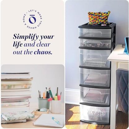 HOMZ Drawer Tower, 6-Tier Storage Cart with Removable Wheels, Black Frame | Plastic Organizer with Clear Bin Drawers for Bedroom, Bathroom, Home Office, and Dorm Rooms